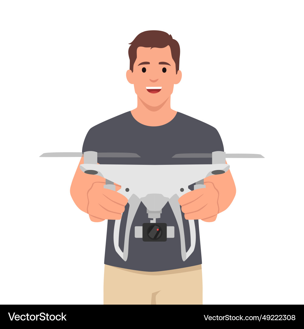 Drone with controller in hands of man isolated vector image