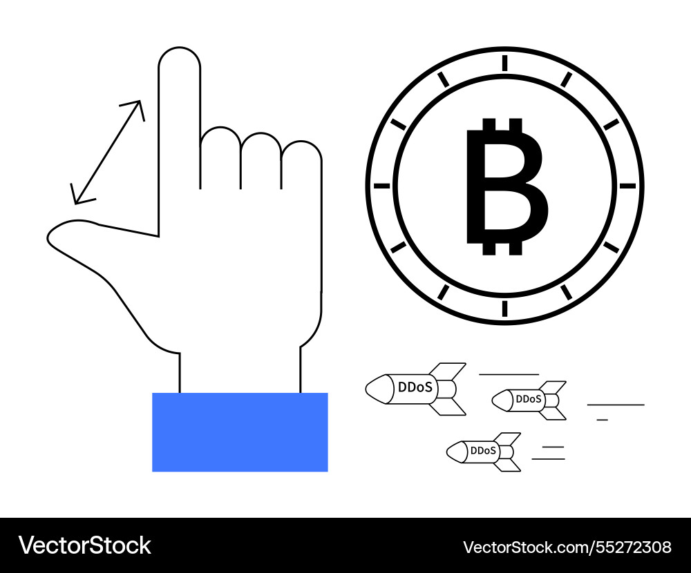 Hand gesture with bitcoin symbol and ddos missiles Hand gesture with bitcoin symbol and ddos missiles vector image
