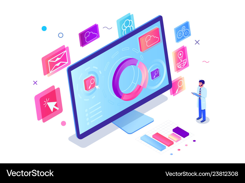 Isometric 3D Engineer with Computer Diagram Vector Image