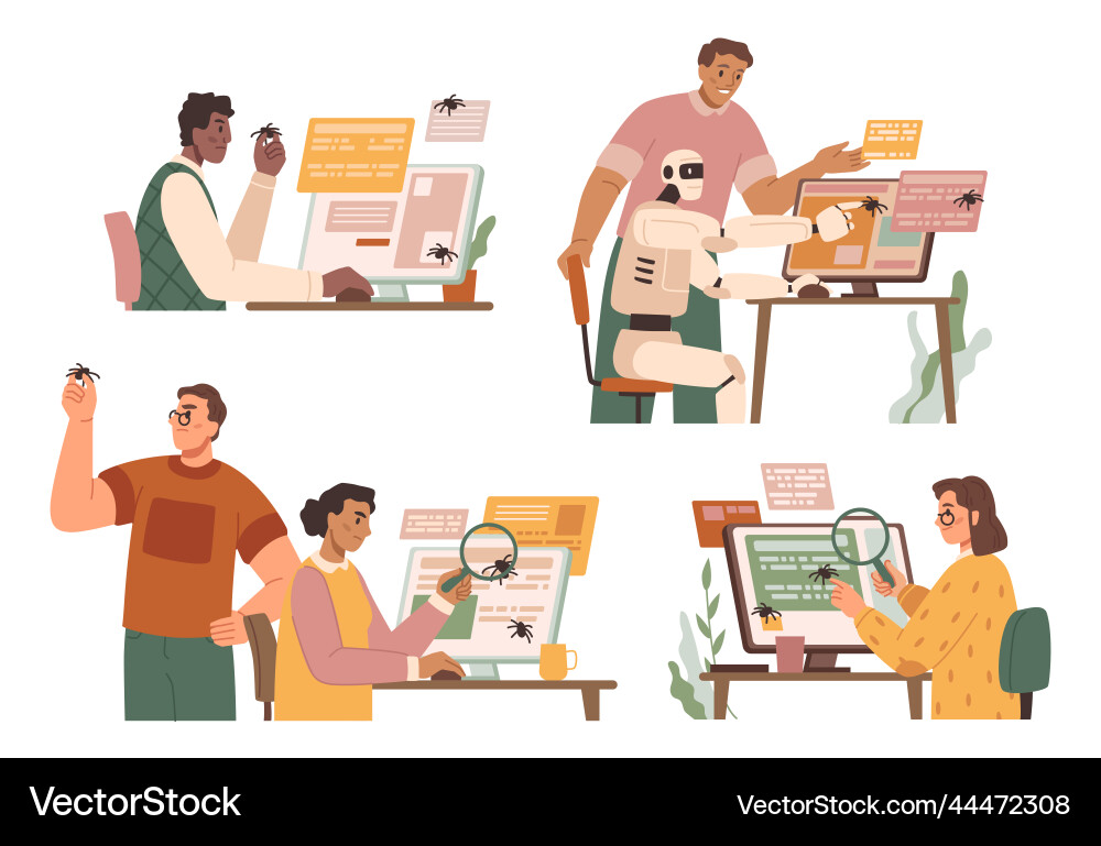 Software testing and repair engineers cartoon set Software testing and repair engineers cartoon set vector image
