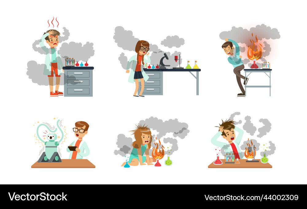 Children scientist at table with exploded flask Children scientist at table with exploded flask Vector Image