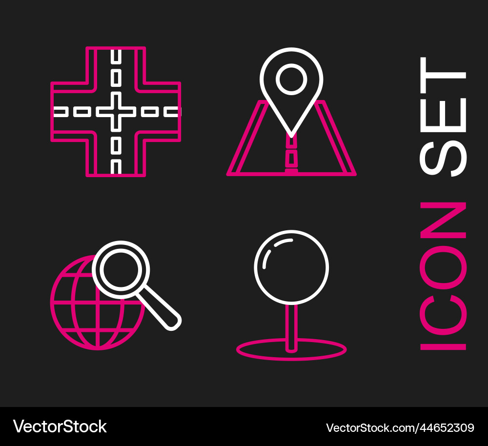 Set line push pin magnifying glass with globe Set line push pin magnifying glass with globe vector image