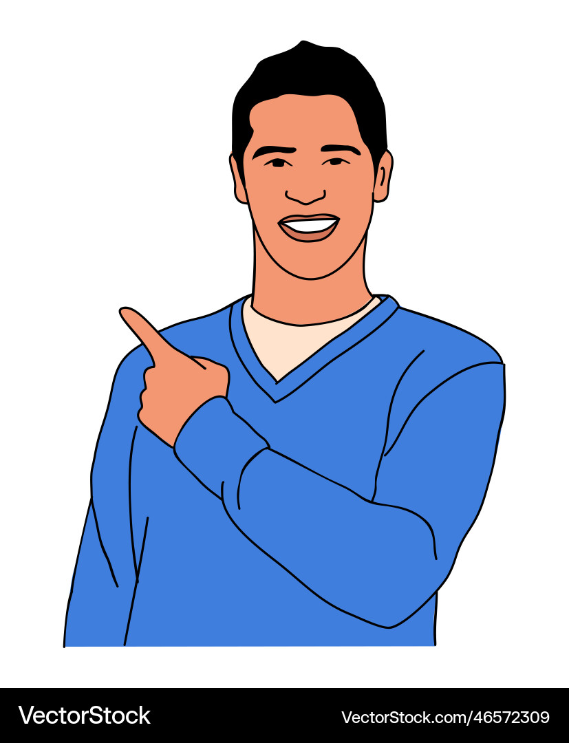 Smiling man pointing to the side with fingers Smiling man pointing to the side with fingers vector image