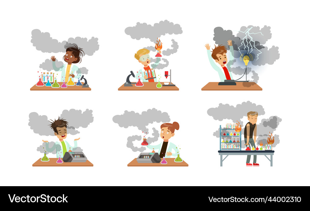 Children scientist at table with exploded flask Children scientist at table with exploded flask Vector Image