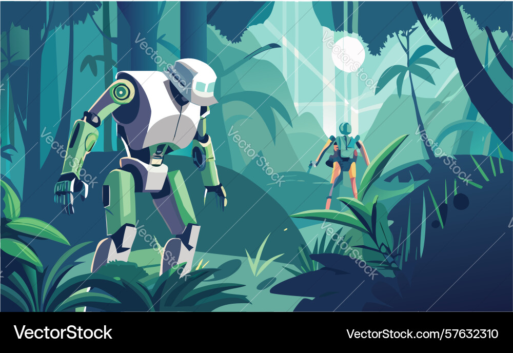 Robot walking in jungle ai exploration of nature Vector Image