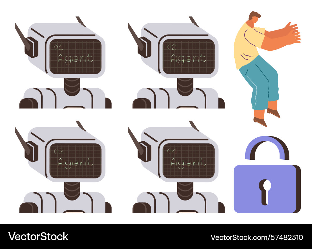 Robots with agent tags and human pushing alongside Robots with agent tags and human pushing alongside vector image