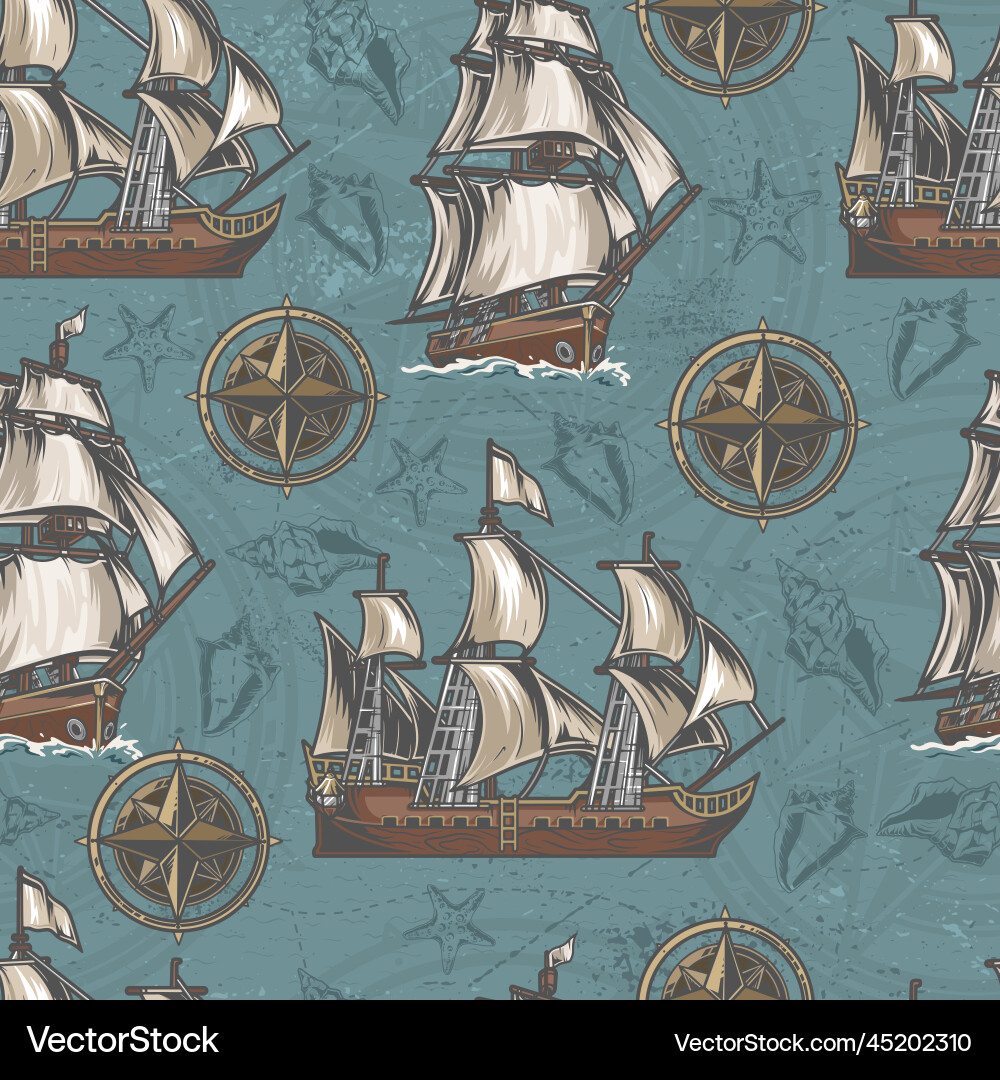 Sailing ship colorful pattern seamless vector image