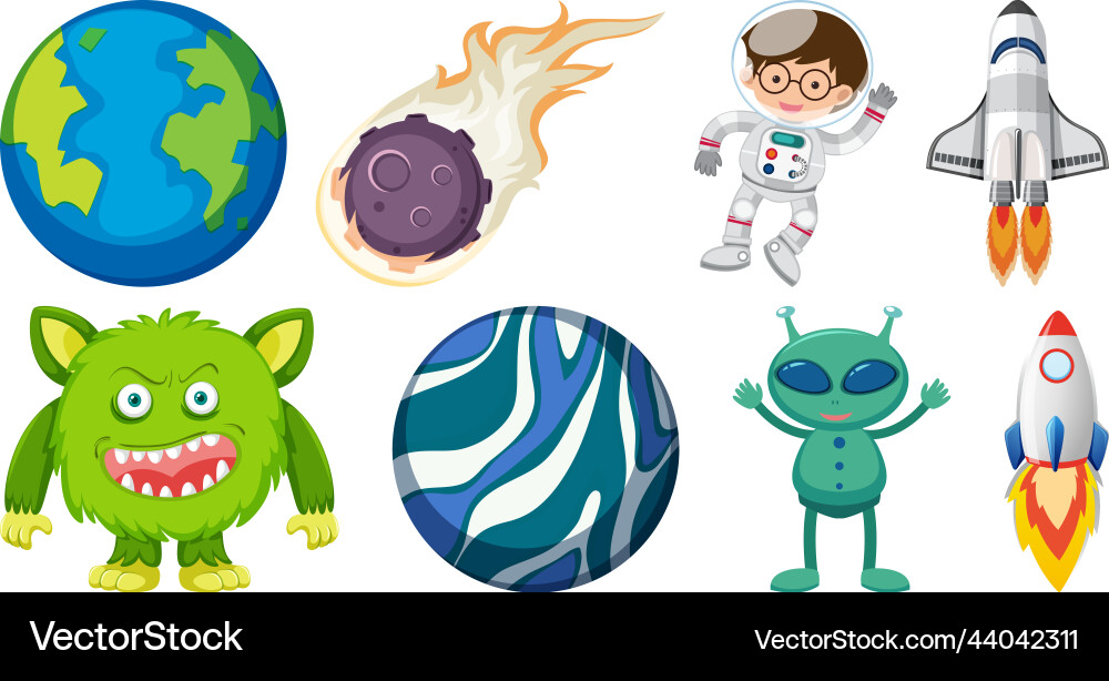 Set of space cartoon characters and objects Set of space cartoon characters and objects vector image