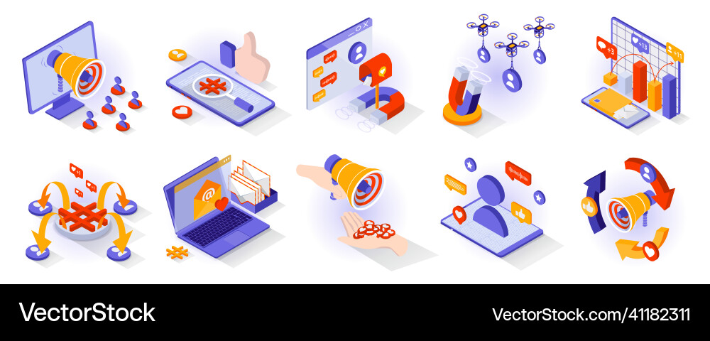 Social media concept isometric 3d icons set Social media concept isometric 3d icons set vector image