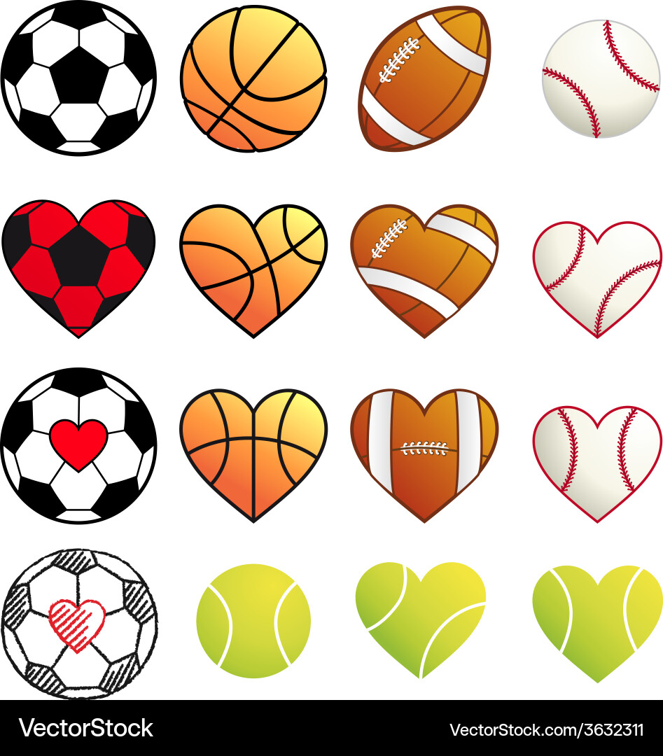 Sports Balls and Hearts Collection Vector Image