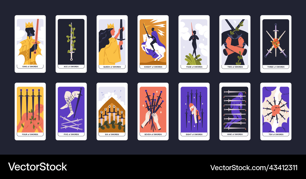 Suit of swords in tarot cards deck modern Suit of swords in tarot cards deck modern vector image