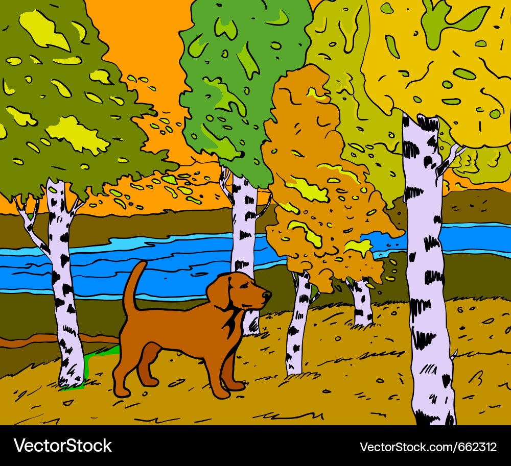 Autumn sunny landscape with forest river and dog Vector Image