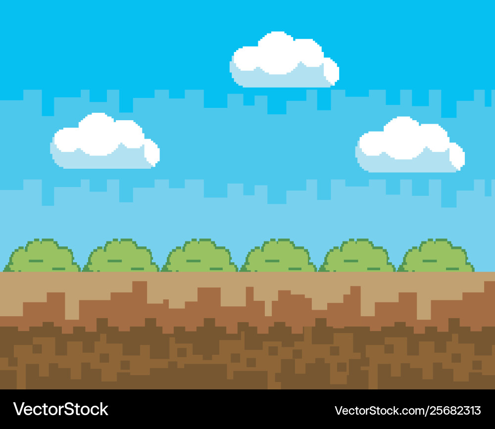 Arcade game world and pixel scene design Vector Image