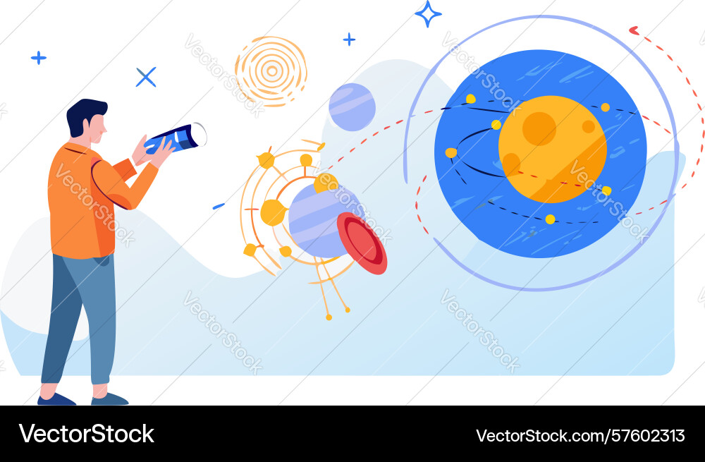 Man works on computer surrounded by cosmic tech vector image