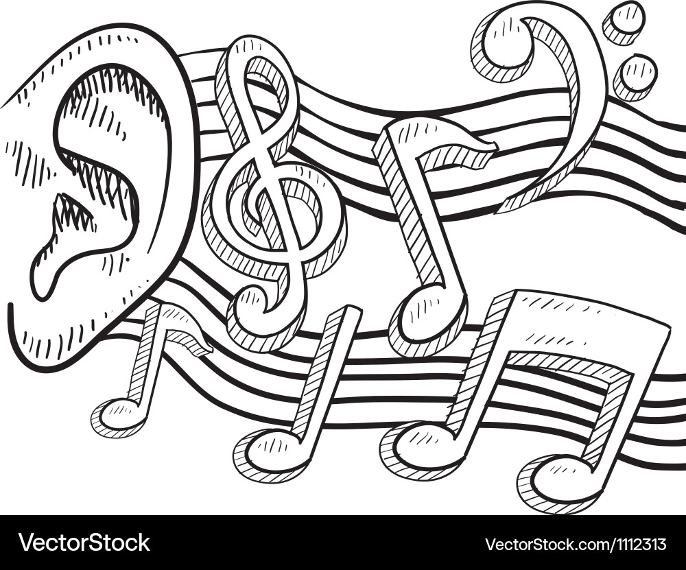 Playful Doodle: Ear with Music Notes Royalty Free Vector