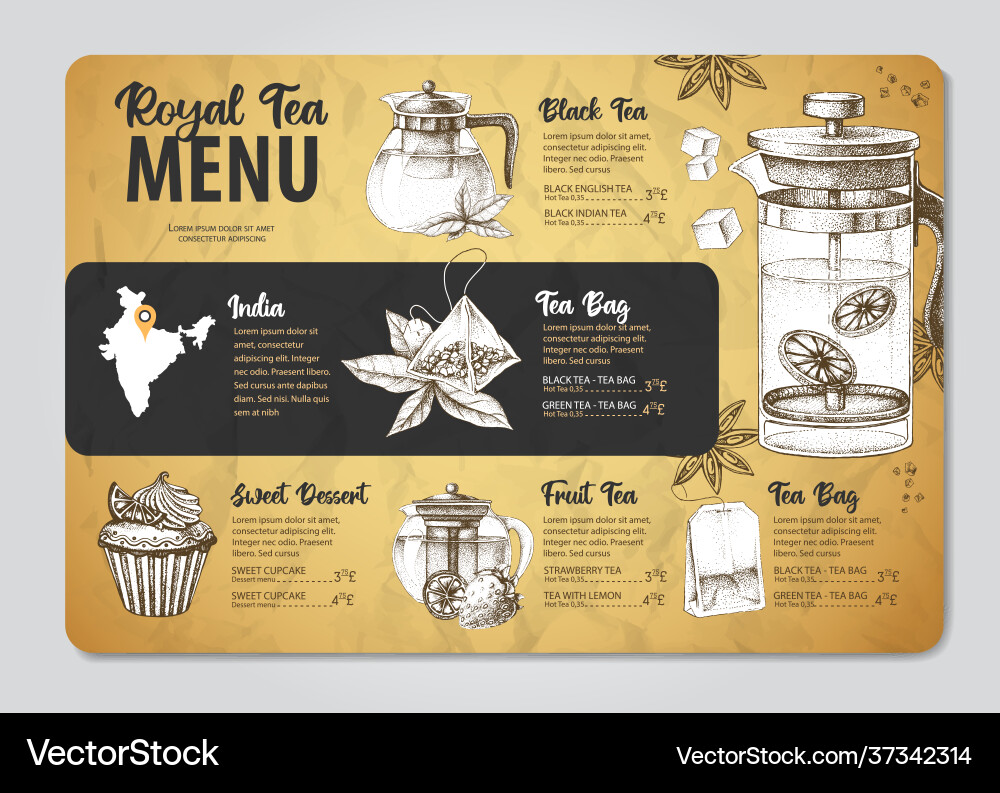 Restaurant royal tea menu design Royalty Free Vector Image