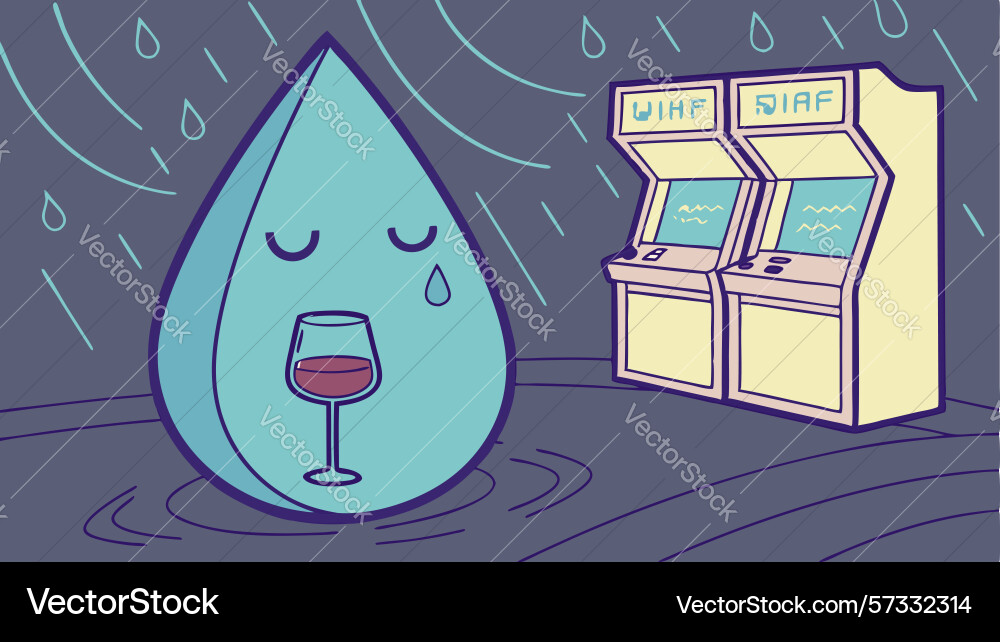 Sad raindrop character in a retro arcade game vector image