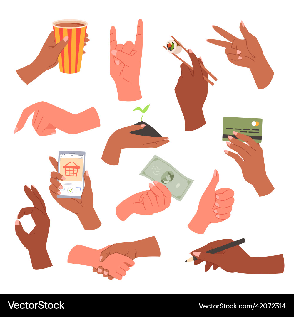 Set of hands with different gestures and holding Set of hands with different gestures and holding Vector Image
