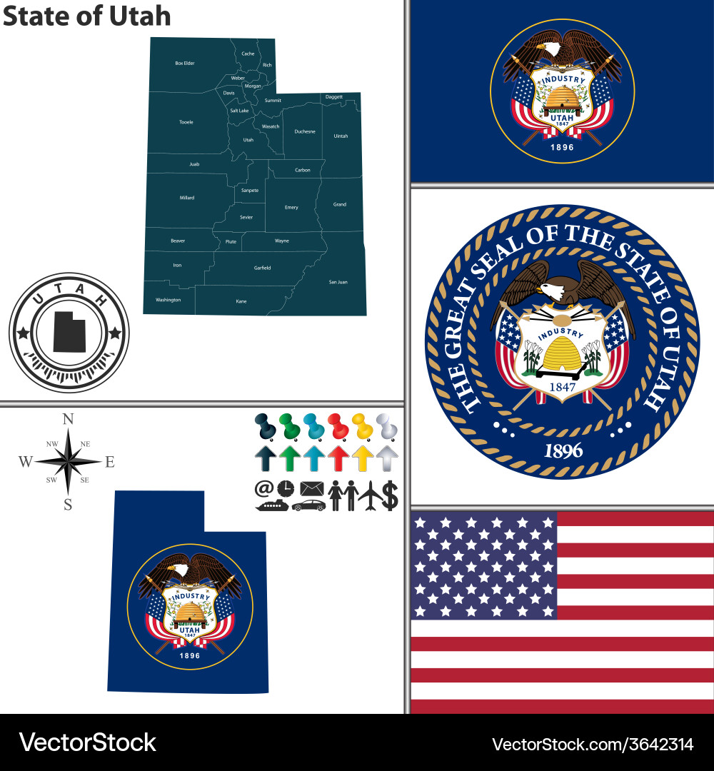 Utah State Map with Seal and Flag Vector Image
