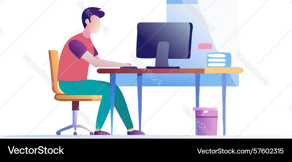 Person works at desktop computer focused on tasks Vector Image