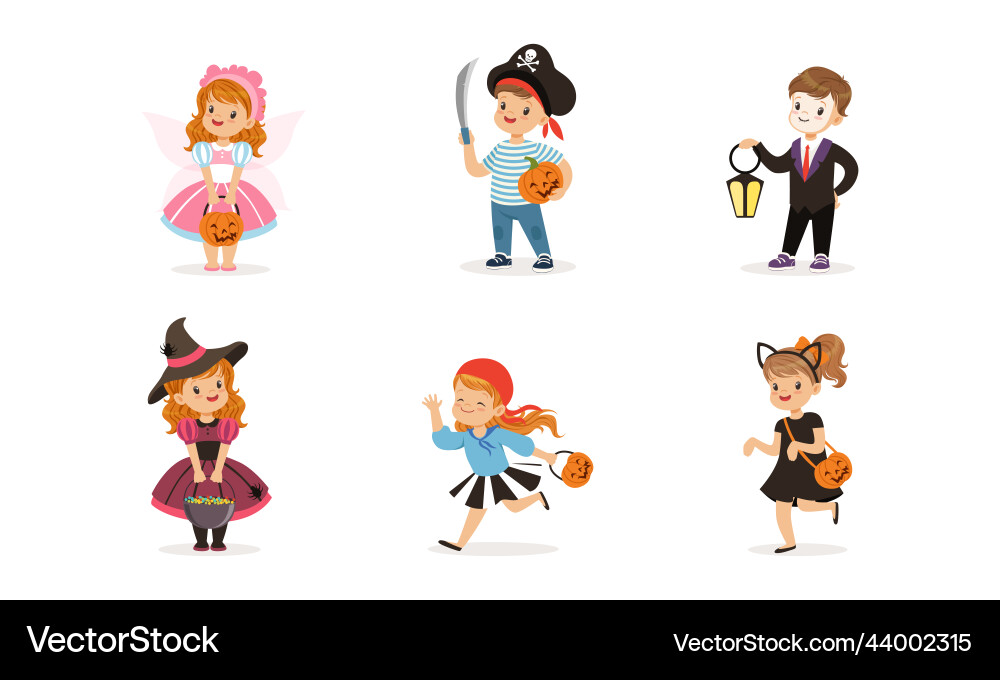 Süße Kinder gekleidet in Halloween Kostüm und Outfit Süße Kinder gekleidet in Halloween Kostüm und Outfit vektorbild