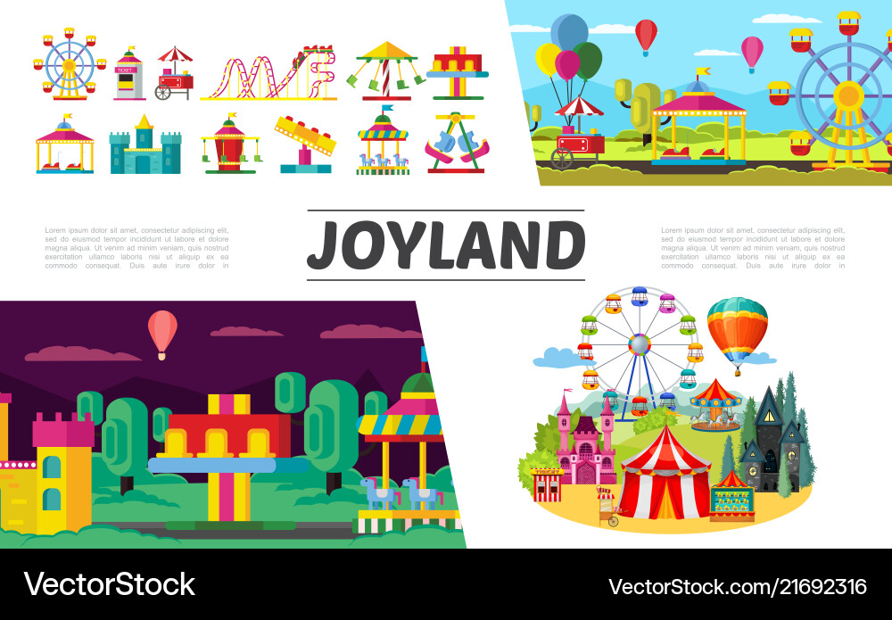 Flat amusement park elements set Royalty Free Vector Image