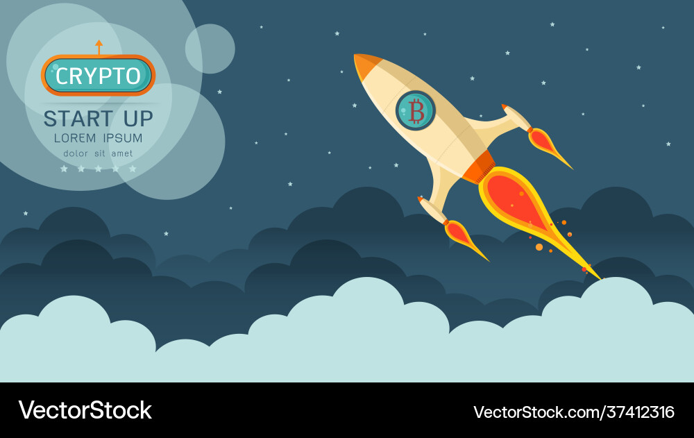 Rocket flying over clouds with bitcoin Vector Image