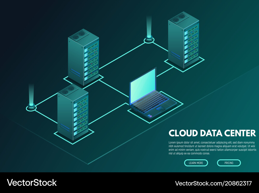 Data center isometric banner with computer Data center isometric banner with computer vector image