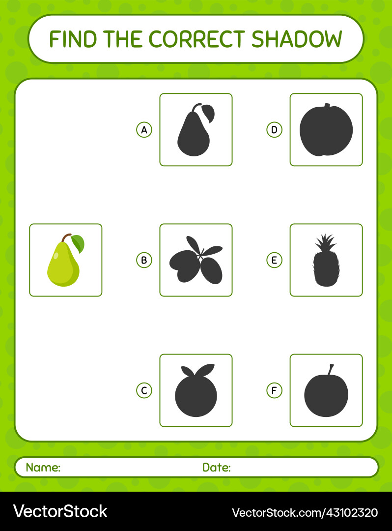 Find the correct shadows game with pear worksheet Find the correct shadows game with pear worksheet vector image
