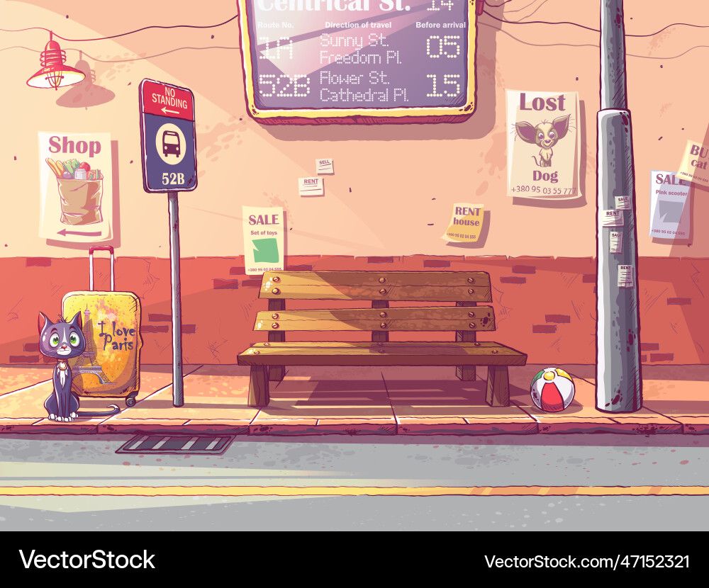 Background bus stop with sad cat Vector Image