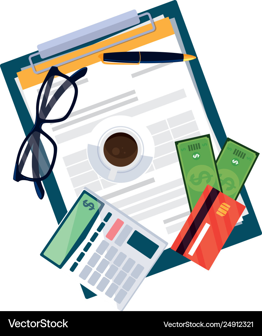 Bürobedarf mit Taschenrechner und Set-Elementen Bürobedarf mit Taschenrechner und Set-Elementen vektorbild