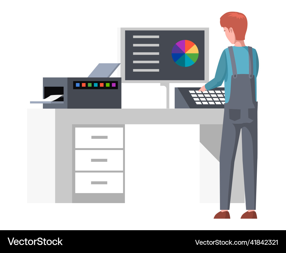 Employee controls print process in polygraphy Employee controls print process in polygraphy vector image