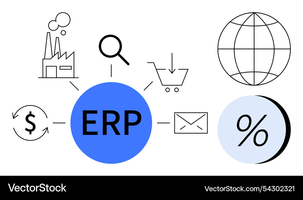 Erp system icons with connectivity to global Erp system icons with connectivity to global Vector Image