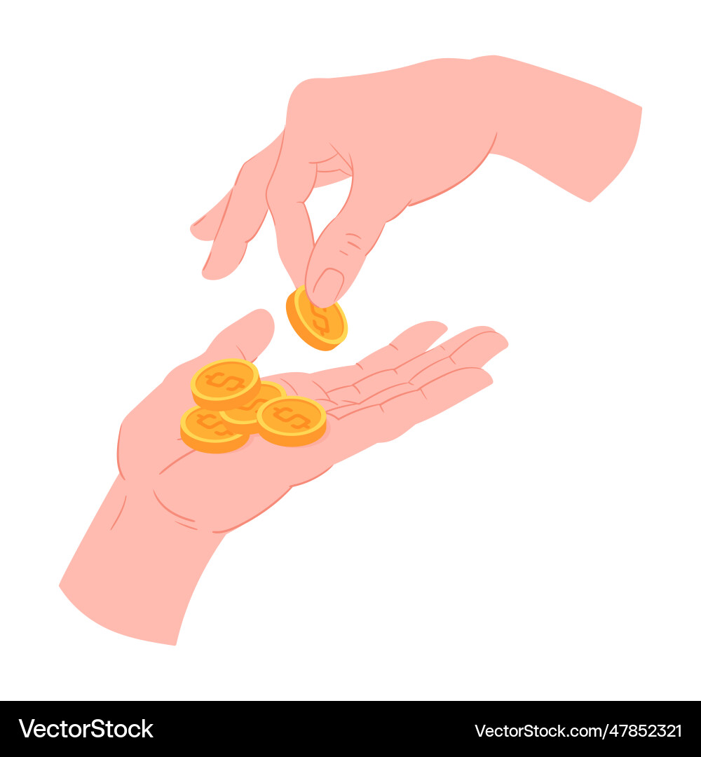 Hands with gold coins cartoon hand put Hands with gold coins cartoon hand put vector image
