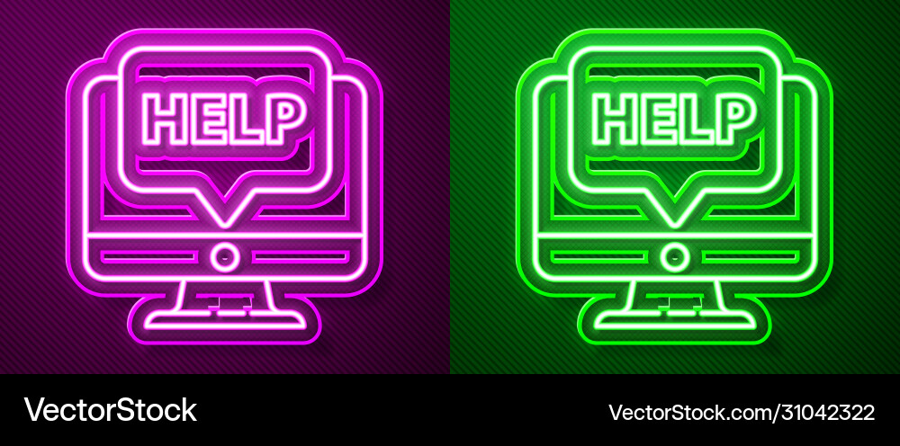 Glowing neon line computer monitor and help icon Vector Image