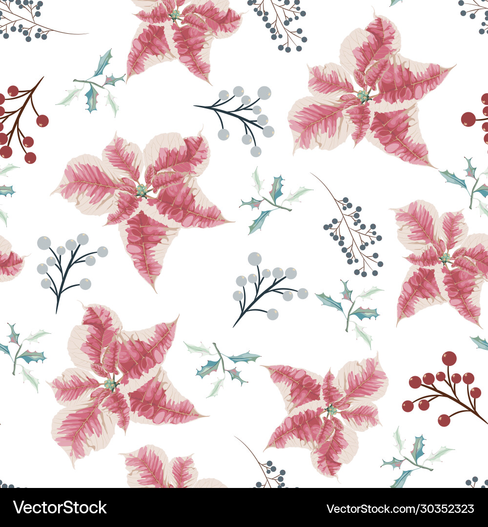 Christmas holly berries and poinsettia seamless Christmas holly berries and poinsettia seamless vector image