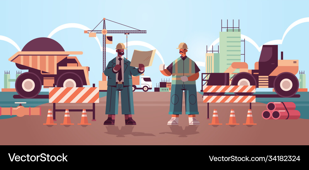 Architect and engineer in uniform discussing Vector Image