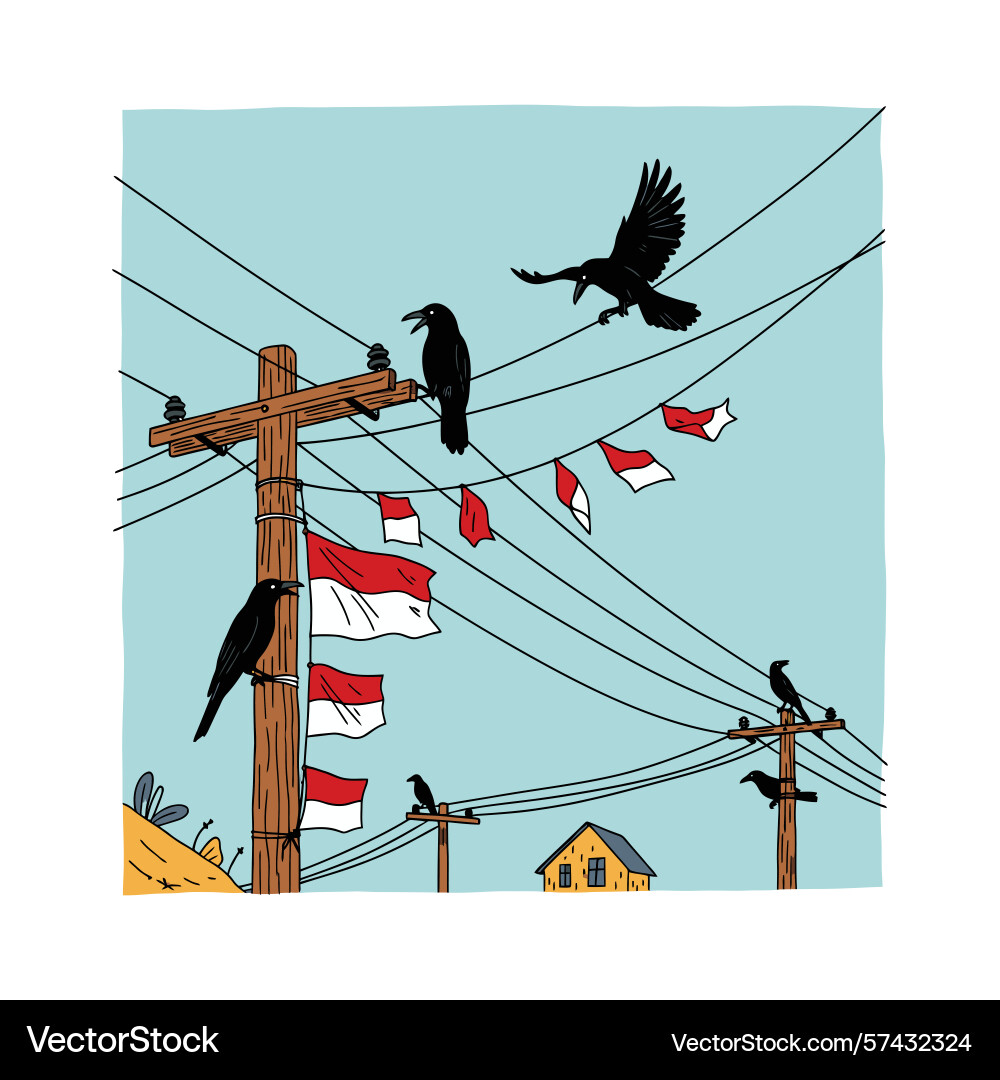Crows on power lines with indonesian flags Crows on power lines with indonesian flags vector image