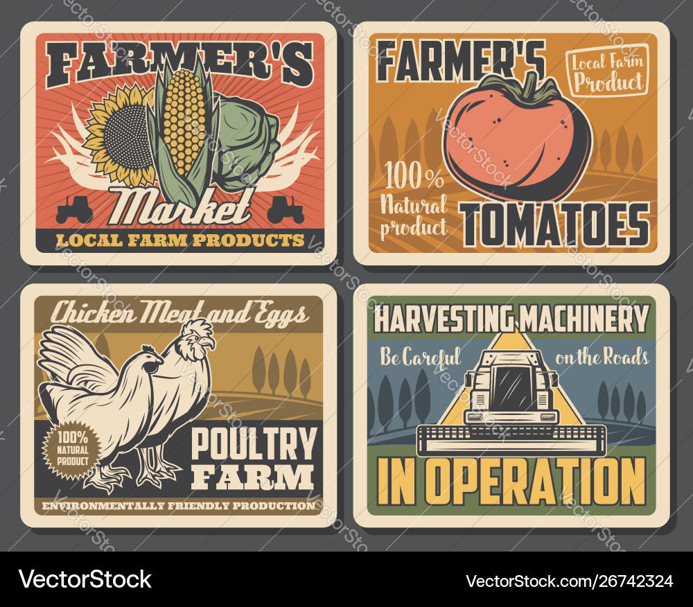 Farm field tractor rooster chicken vegetables Farm field tractor rooster chicken vegetables vector image