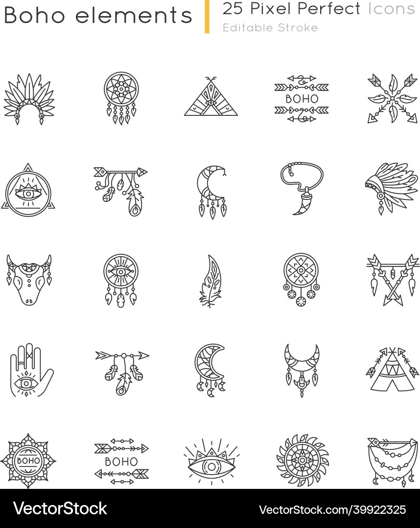 Boho style pixel perfect linear icons set native Vector Image