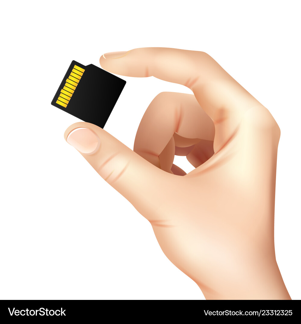Realistic memory card sim in hands composition Realistic memory card sim in hands composition vector image