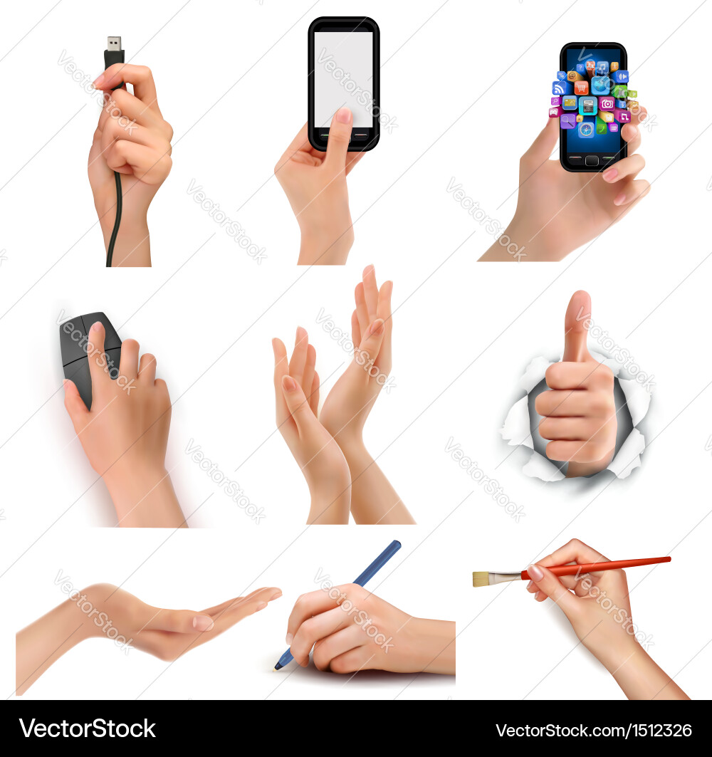 Set of hands holding different business objects vector image