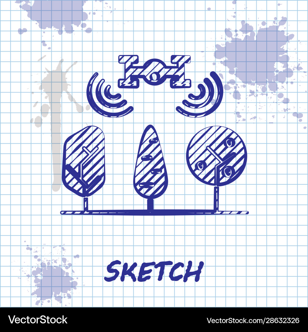 Sketch line smart farm with drone control and tree Sketch line smart farm with drone control and tree vector image