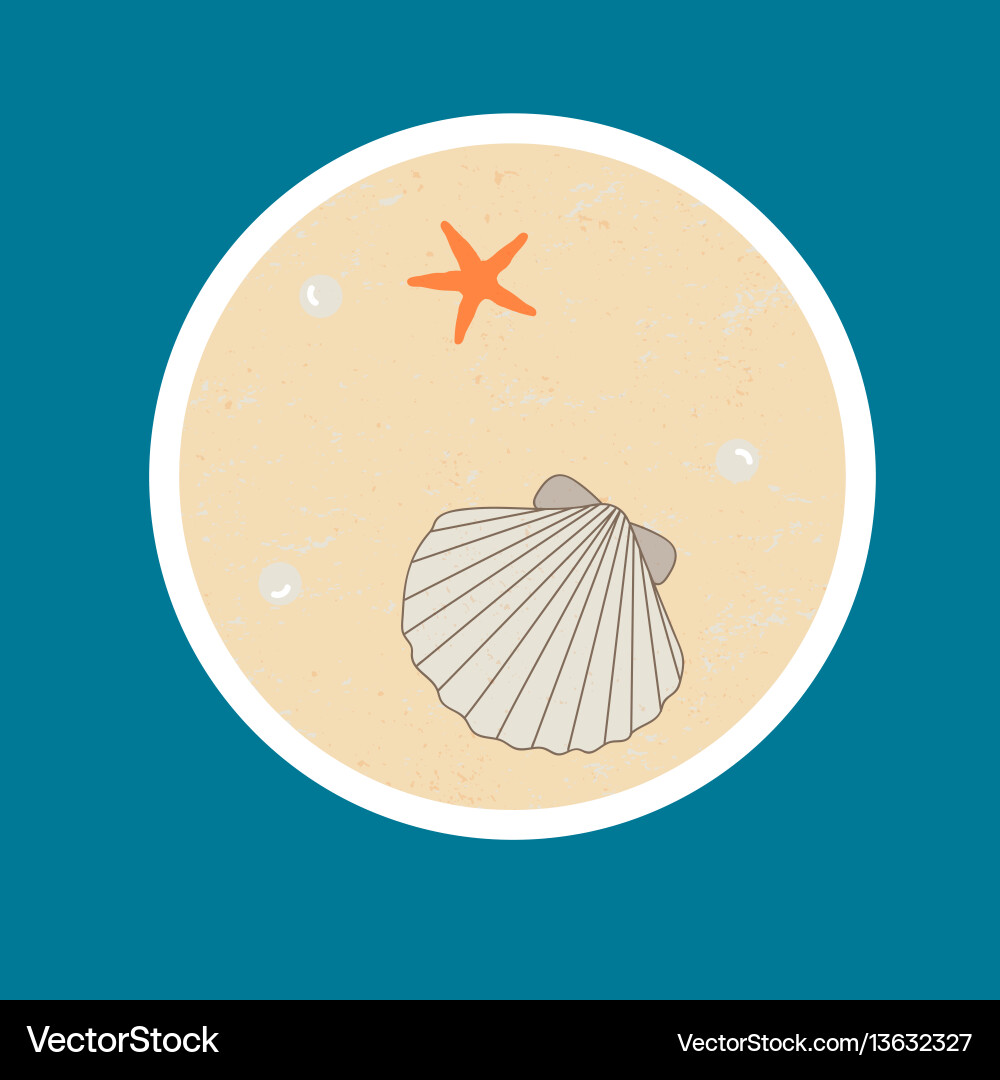 Badge with sseashell starfish and pearls Vector Image