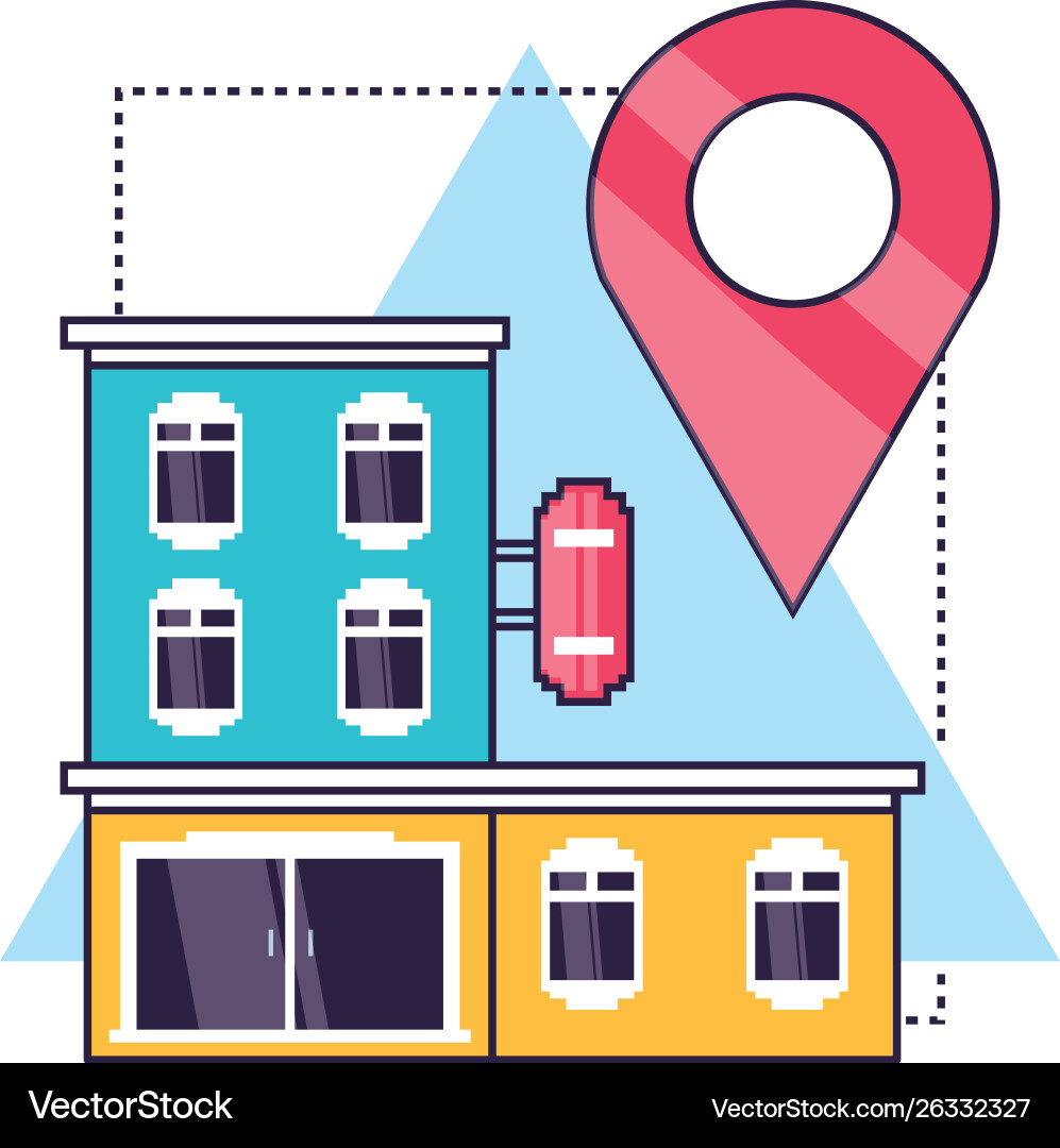 Hotel building place with pin pointer Hotel building place with pin pointer Vector Image