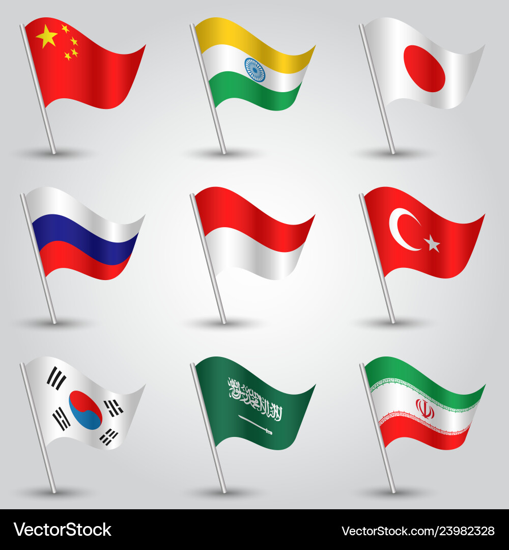 Set of waving flags countries largest economies Set of waving flags countries largest economies vector image