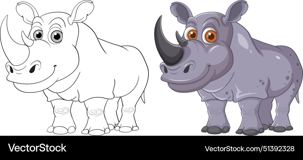 Smiling rhino in color and outline versions Smiling rhino in color and outline versions Vector Image