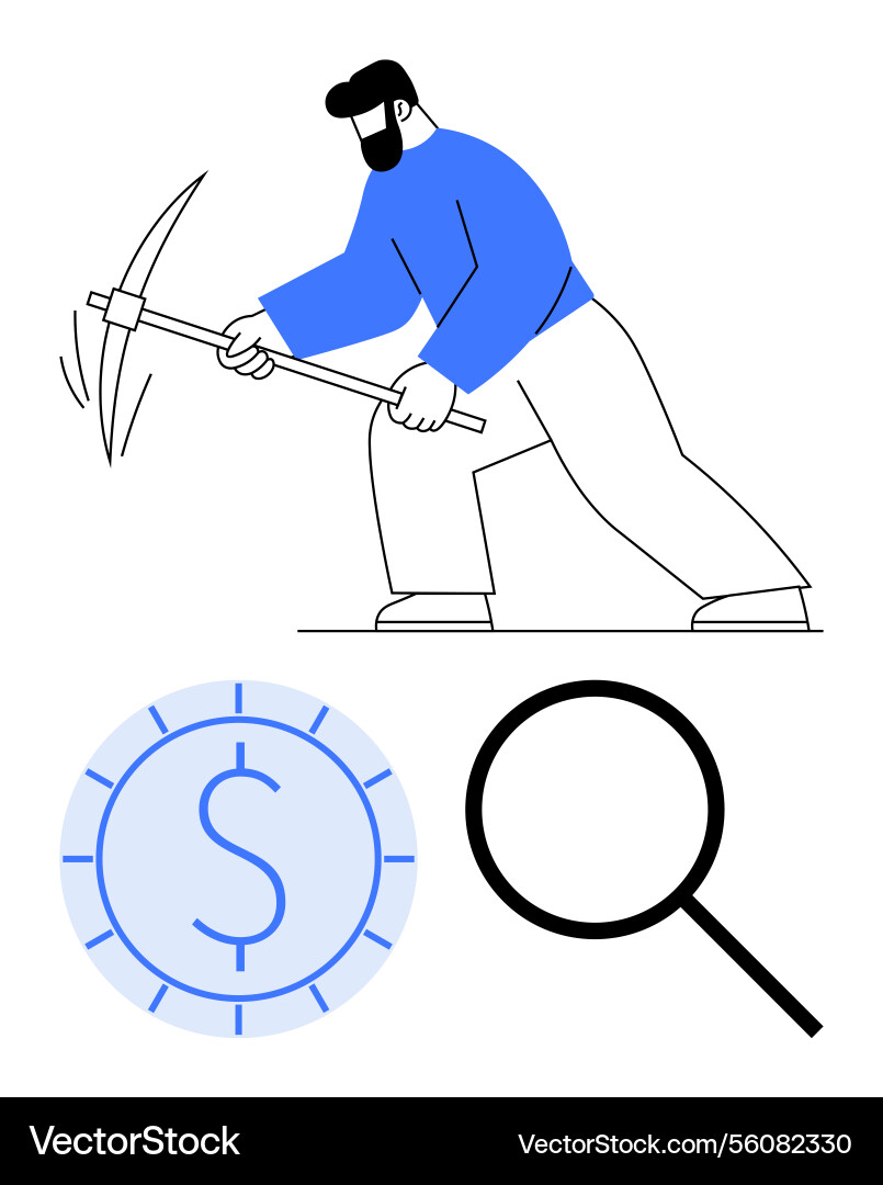 Man mining with pickaxe near dollar coin Vector Image