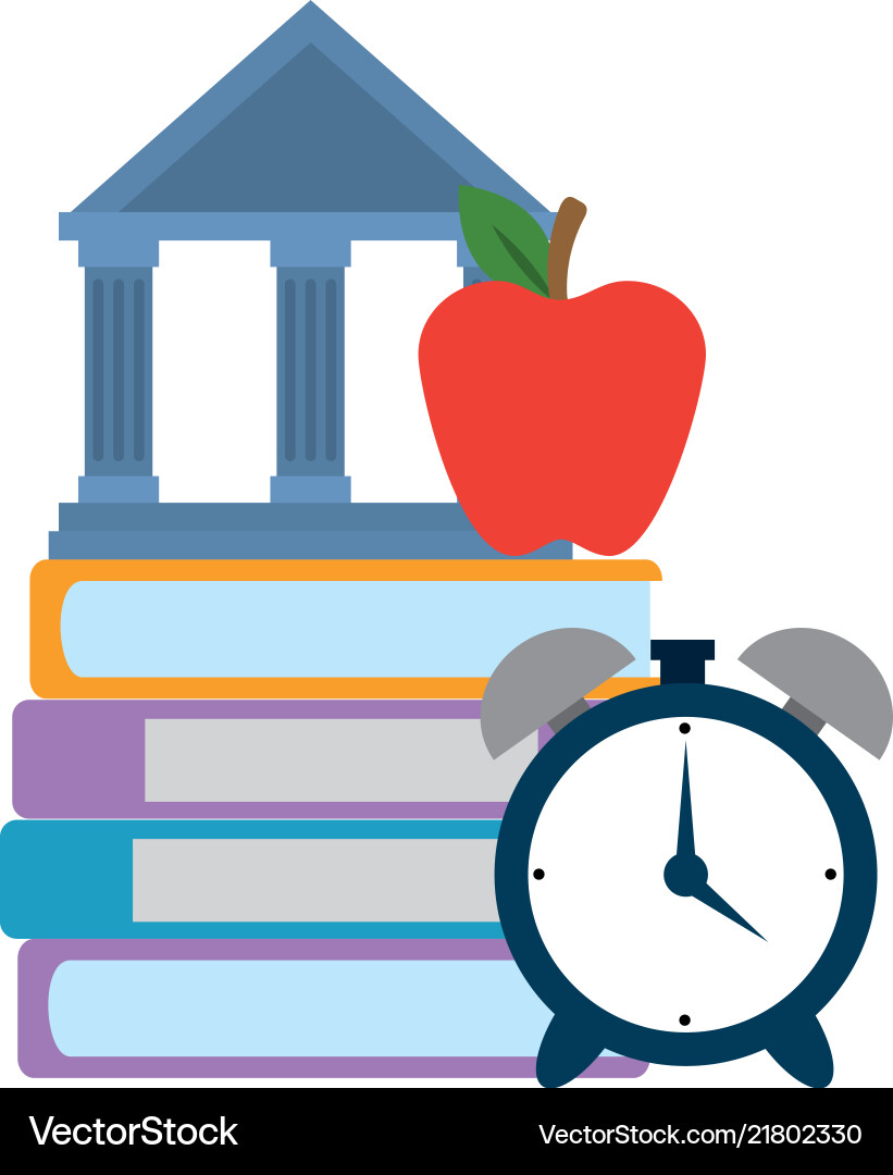 Pile text books with alarm and library building Vector Image