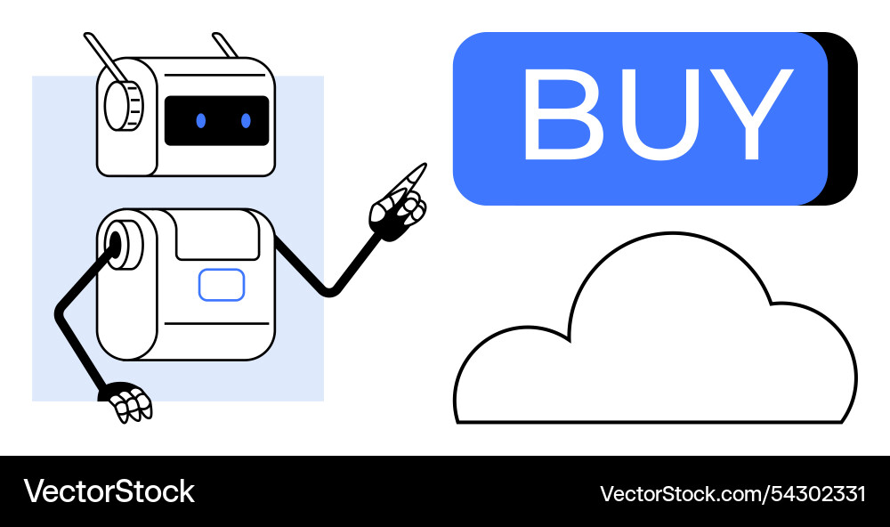 Robot pointing to large blue buy button above vector image